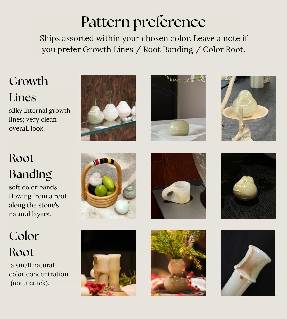 Infographic showing three types of onyx patterns: Growth Lines, Root Banding, Color Root.