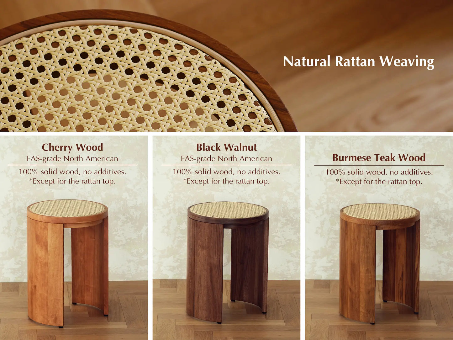 Image showing the three wood options for the rattan stool: Cherry, Walnut, Teak.