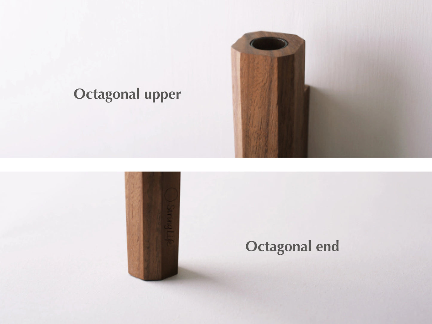 Detail shots showing the octagonal shape of the walnut wall vase.