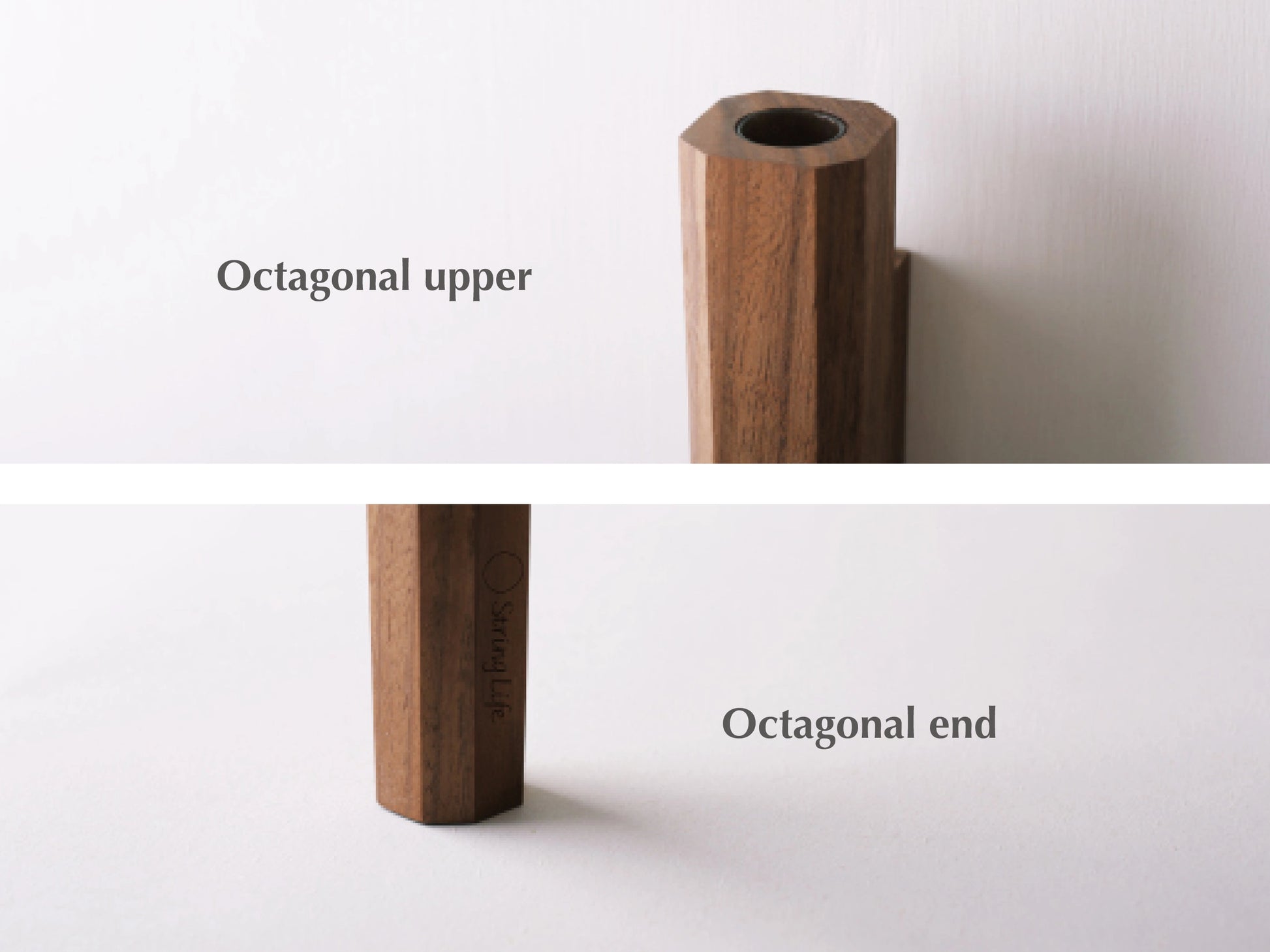 Detail shots showing the octagonal shape of the walnut wall vase.