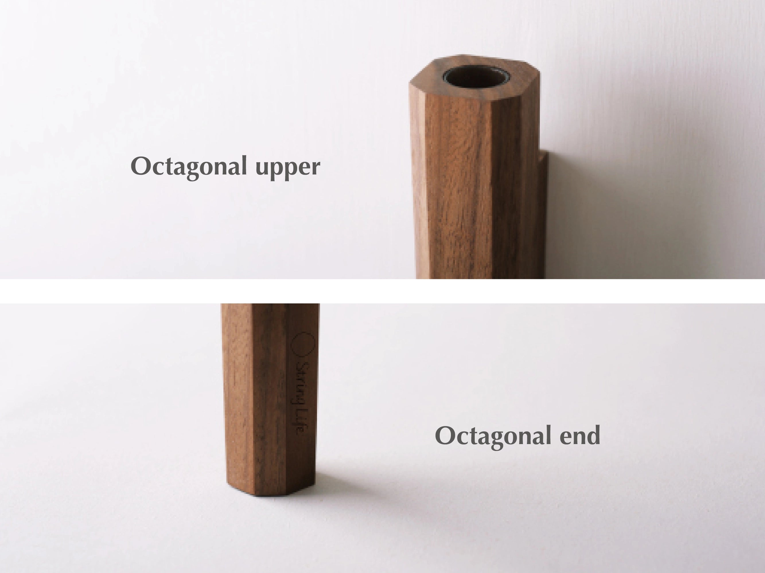 Detail shots showing the octagonal shape of the walnut wall vase.