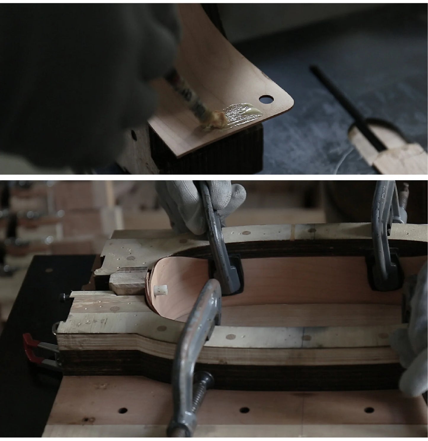 Infographic showing the bentwood crafting process: gluing and clamping.
