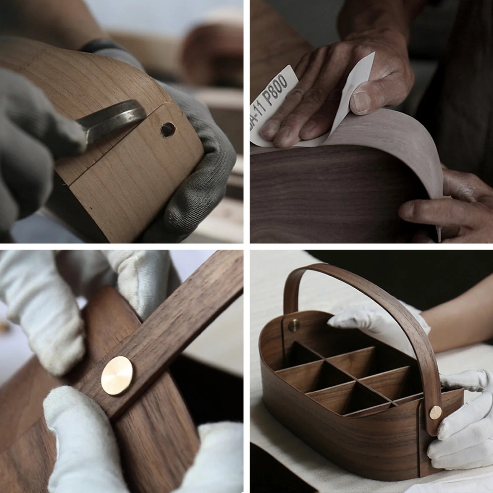 Infographic of the caddy crafting process: carving, sanding, assembly.