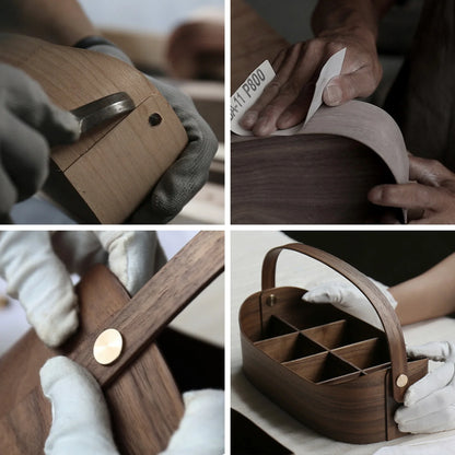 Infographic of the caddy crafting process: carving, sanding, assembly.