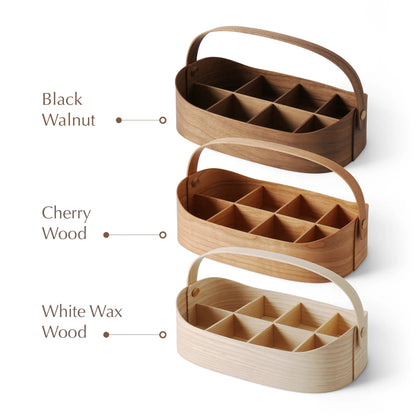 Diagram of the bentwood caddy showing length, width, and height dimensions.