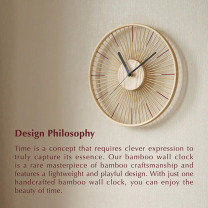 Design philosophy text overlaying a photo of the handcrafted bamboo clock.