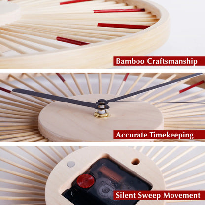 Detail shots of the bamboo clock showing craftsmanship and silent movement.