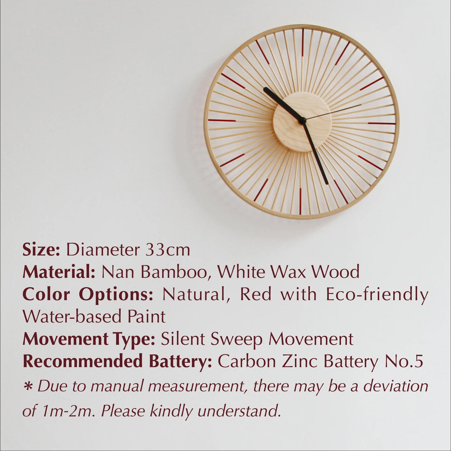 Product information for the bamboo clock listing dimensions and materials.