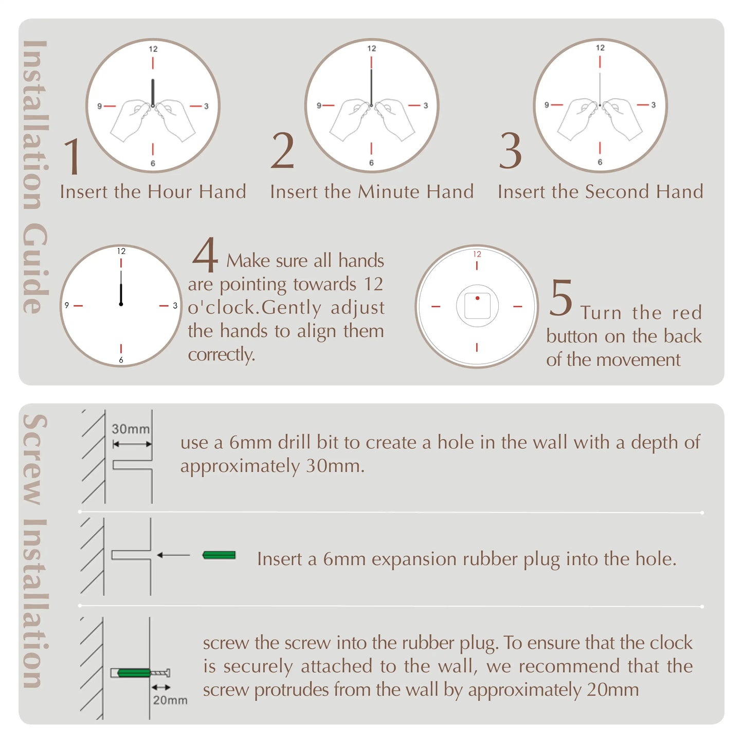 Installation guide for the clock hands and wall mounting hardware.