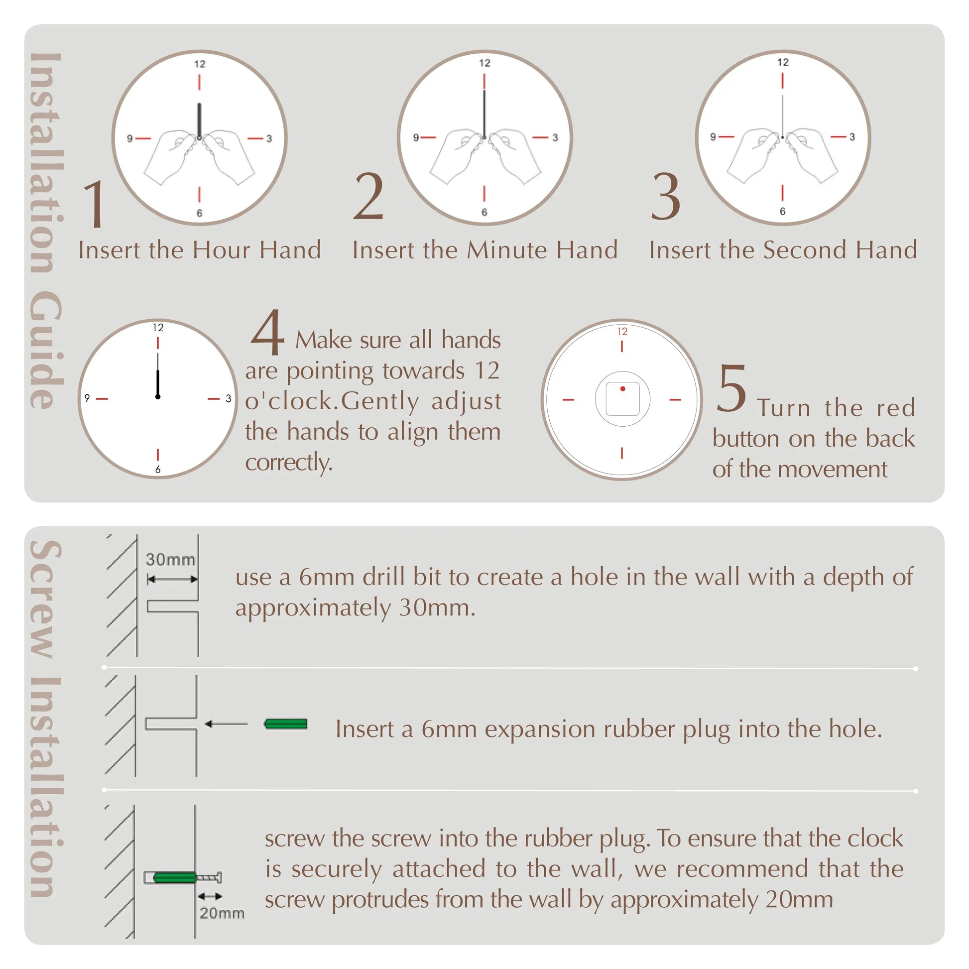 Installation guide for the clock hands and wall mounting hardware.