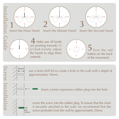 Installation guide for the clock hands and wall mounting hardware.