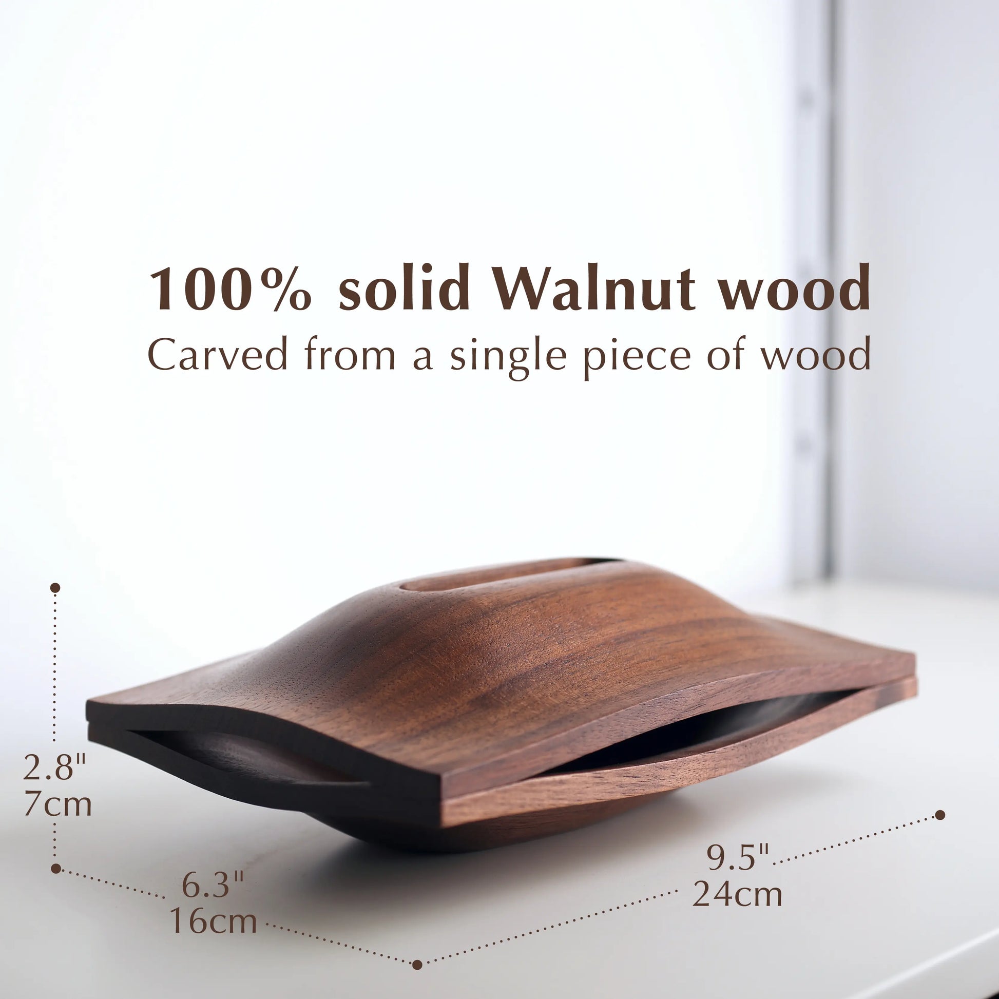 Diagram of a walnut tissue box with dimensions: 9.5x6.3x2.8 inches.