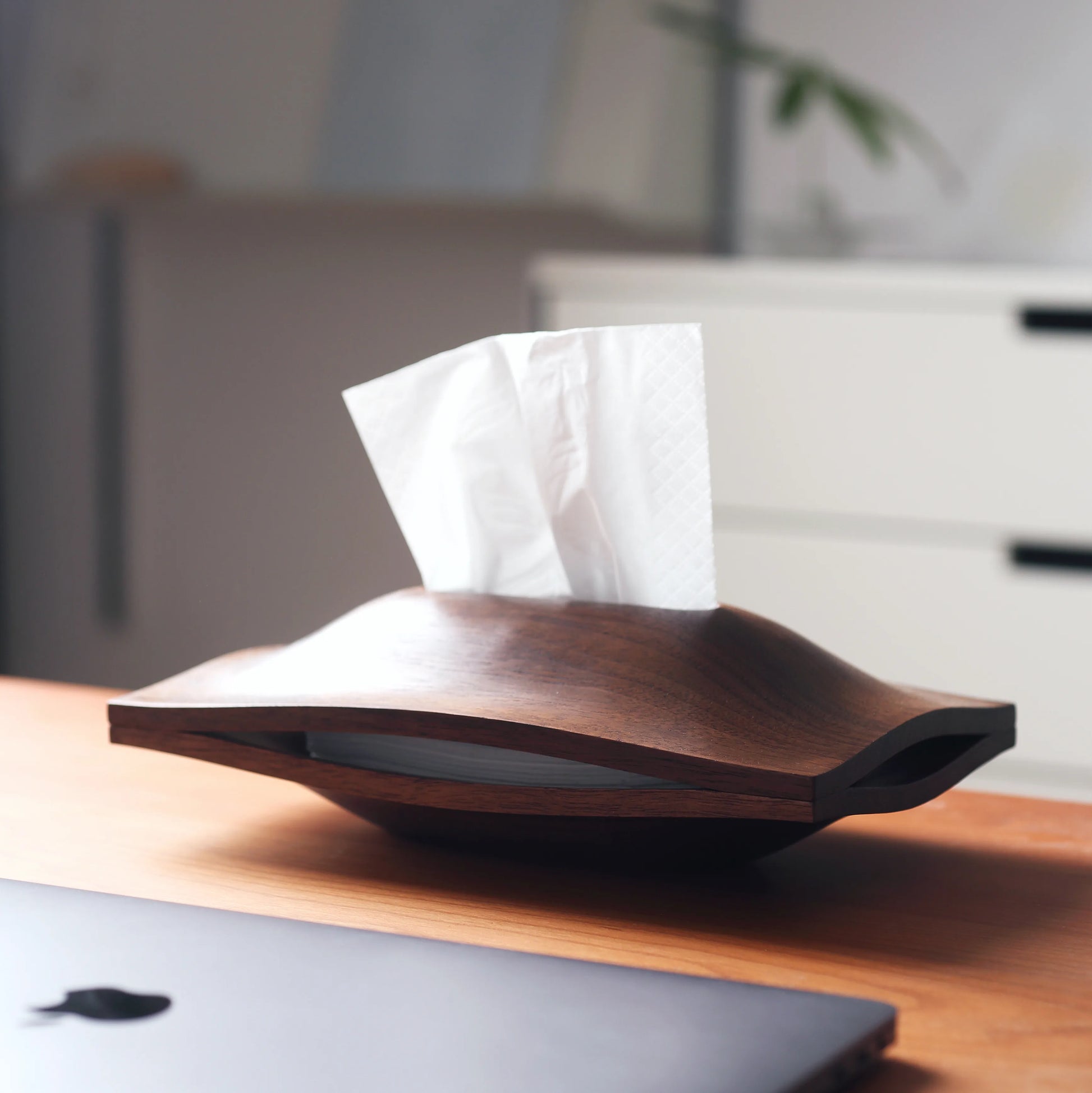 A sculptural walnut tissue box holder sitting on a modern wood desk.