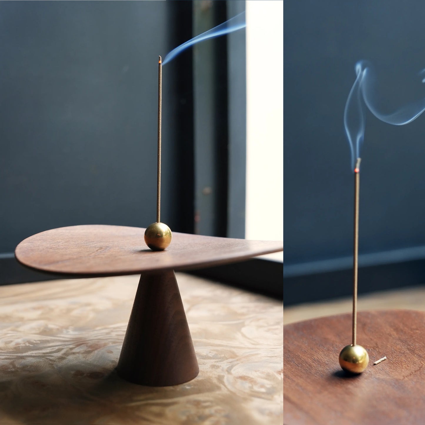 Split image of a sculptural walnut and brass incense holder burning.