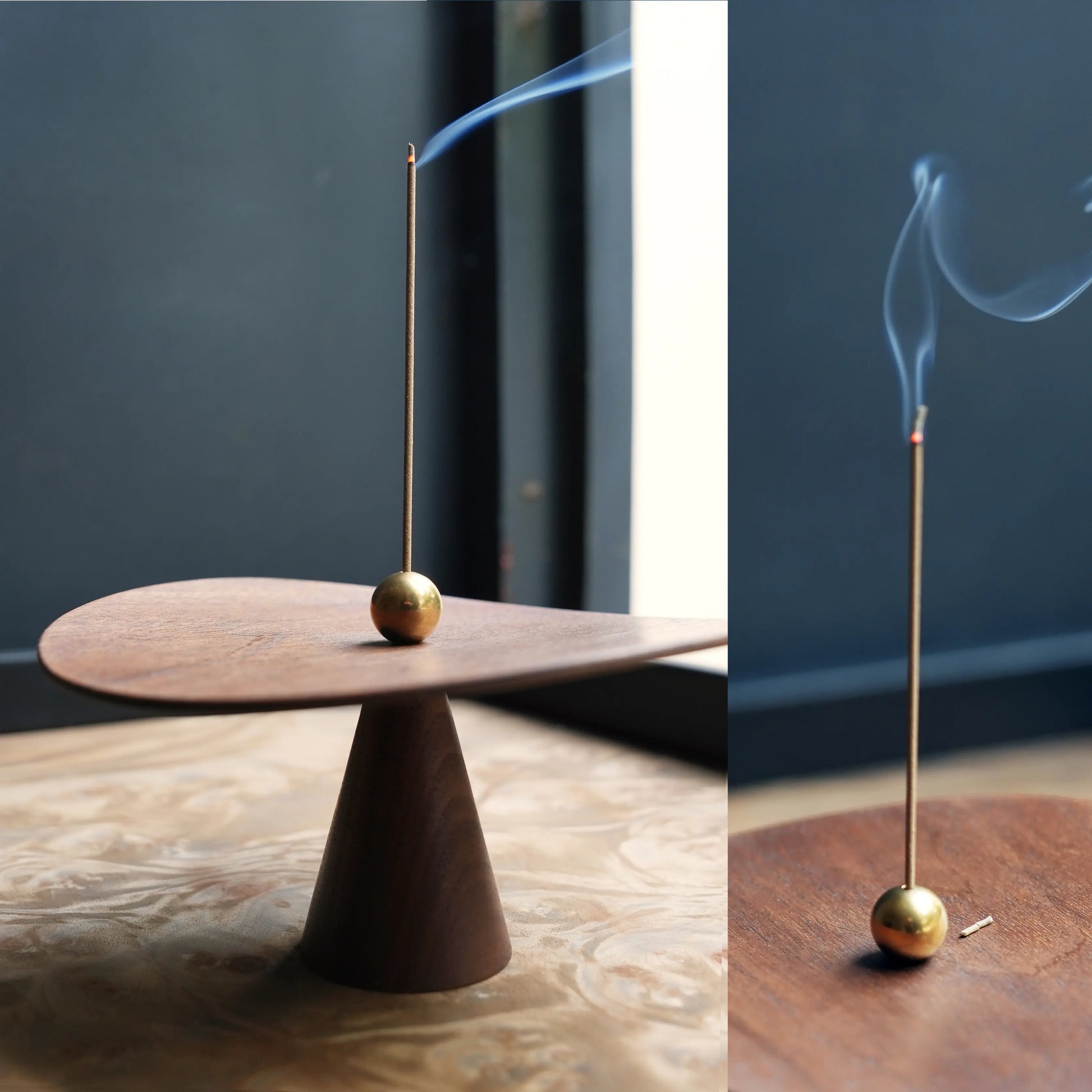 Split image of a sculptural walnut and brass incense holder burning.