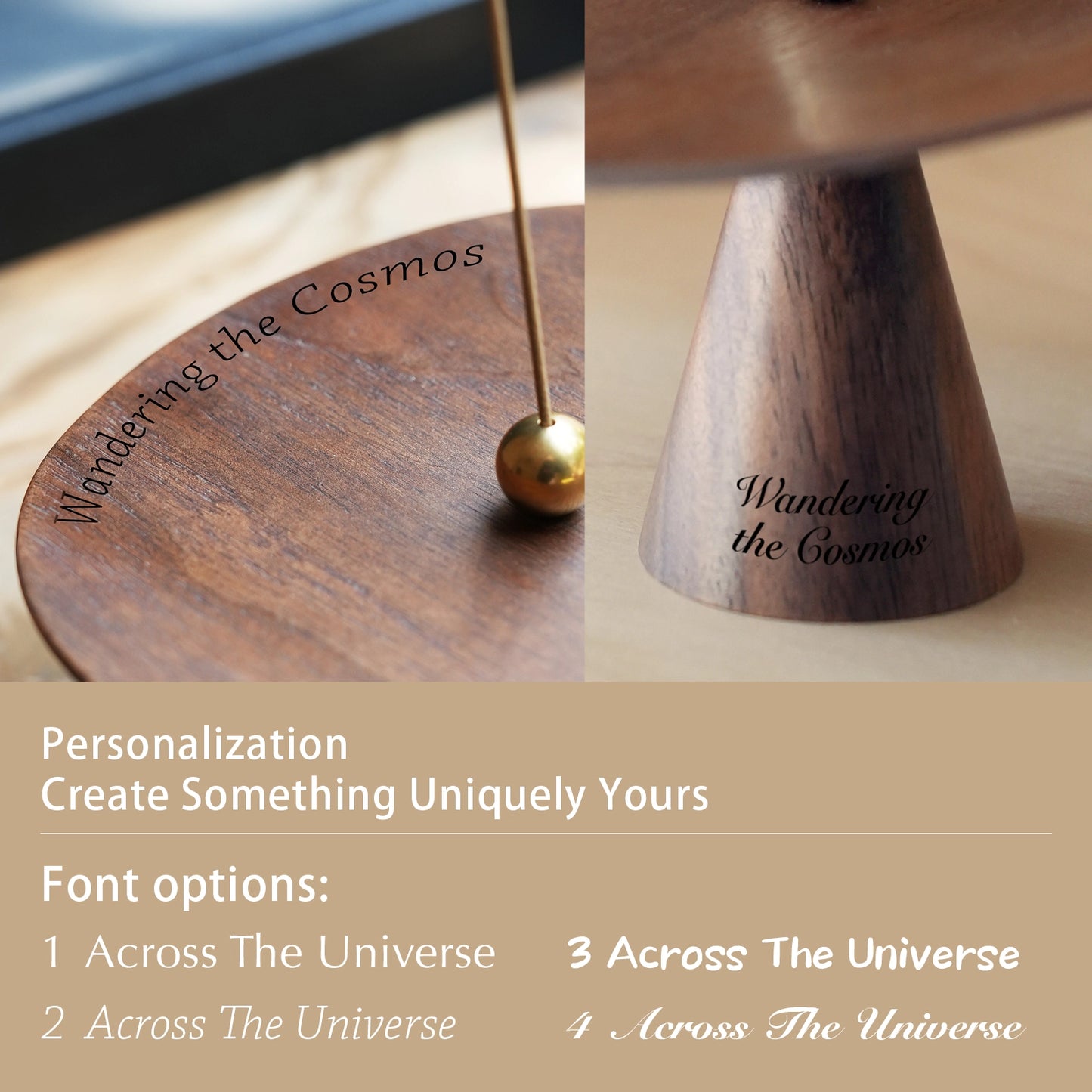 Personalization options: engraving on walnut disc edge or cone base with four font choices.