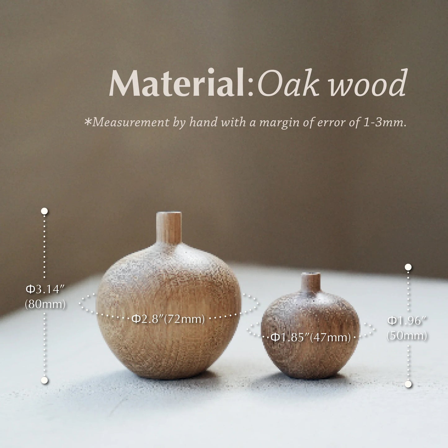 Diagram showing the dimensions of the small and large oak wood vases.