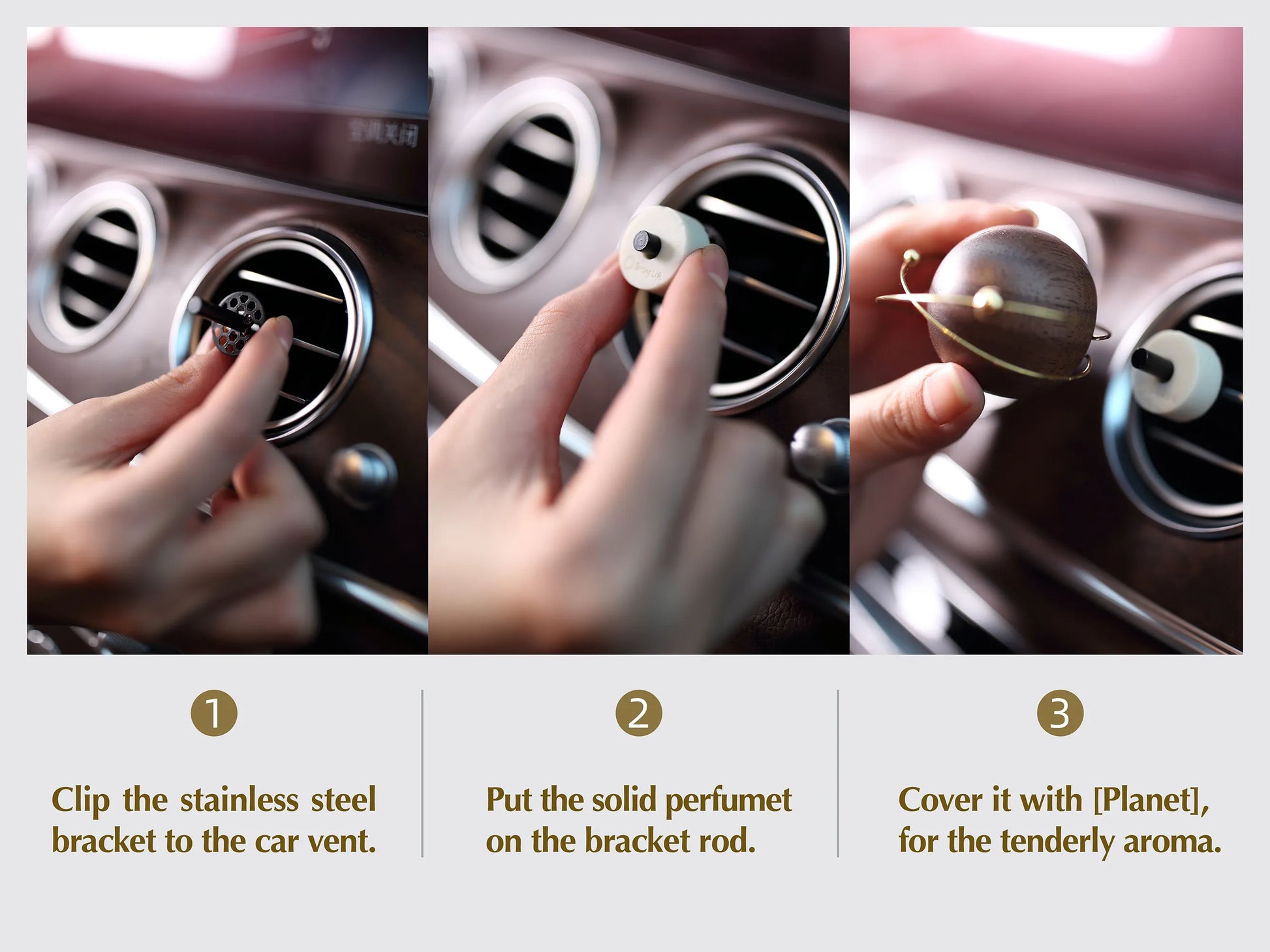 Infographic showing the three-step installation of the car vent diffuser.