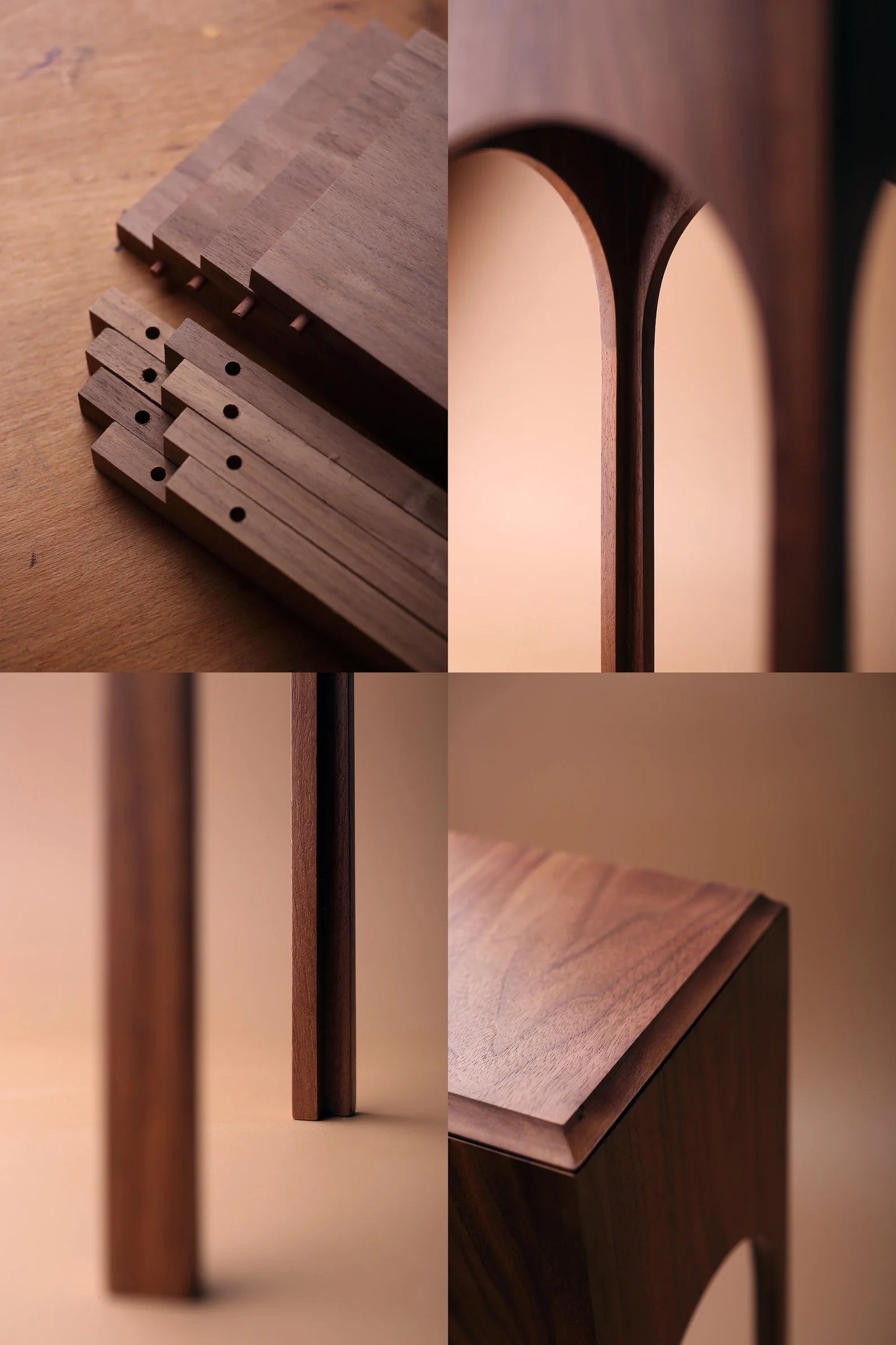 Four detail shots of the craftsmanship of the architectural wood tissue box.