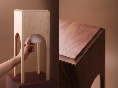 Split image showing the Escher tissue box in maple and walnut wood.