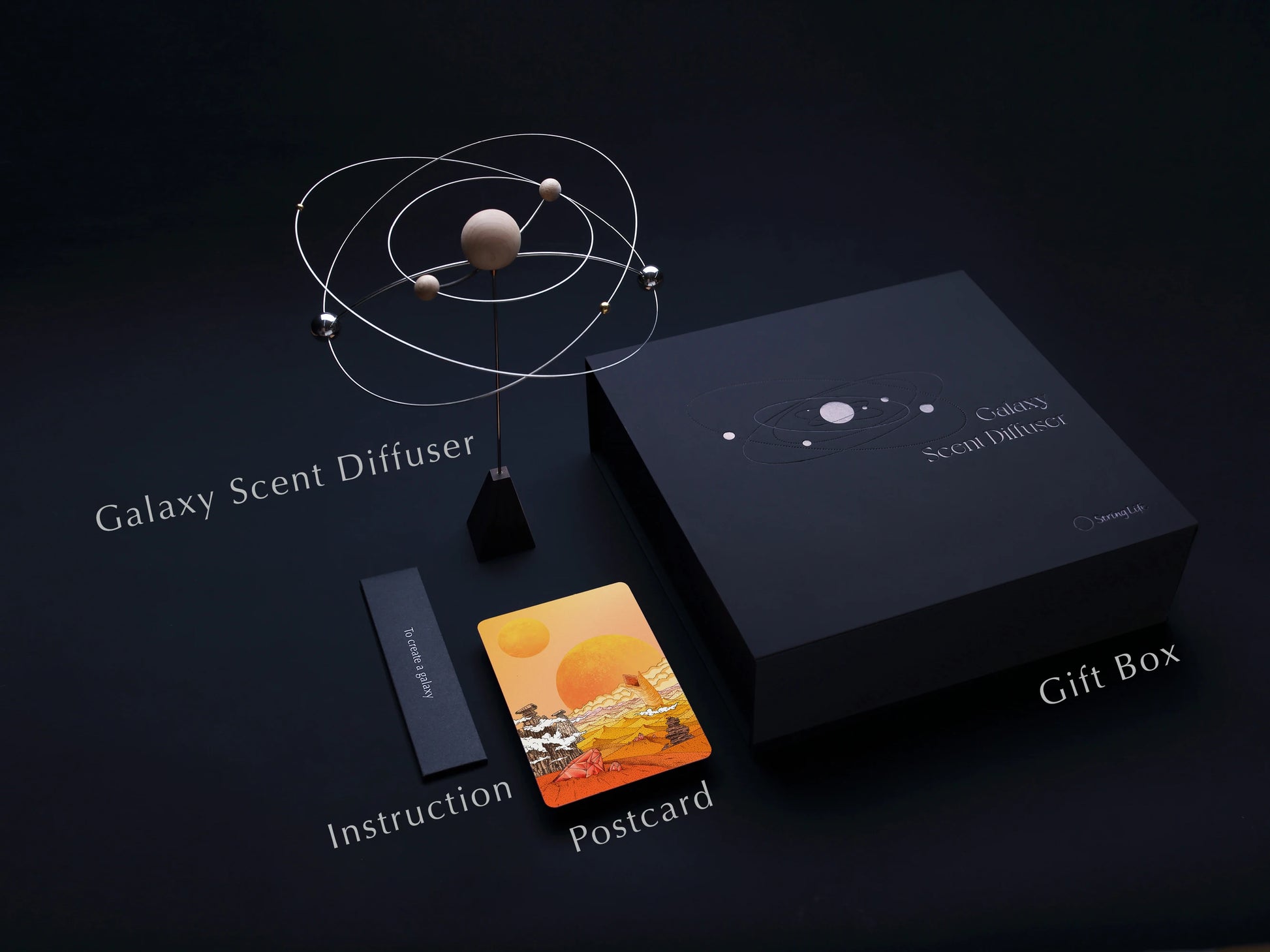 The complete galaxy scent diffuser gift set with box and postcard.