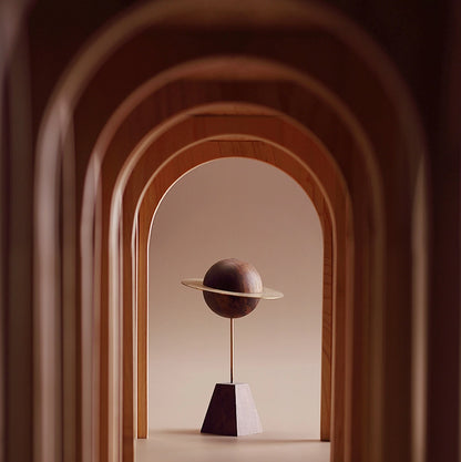 A sculptural planet diffuser seen through a series of wooden arches.