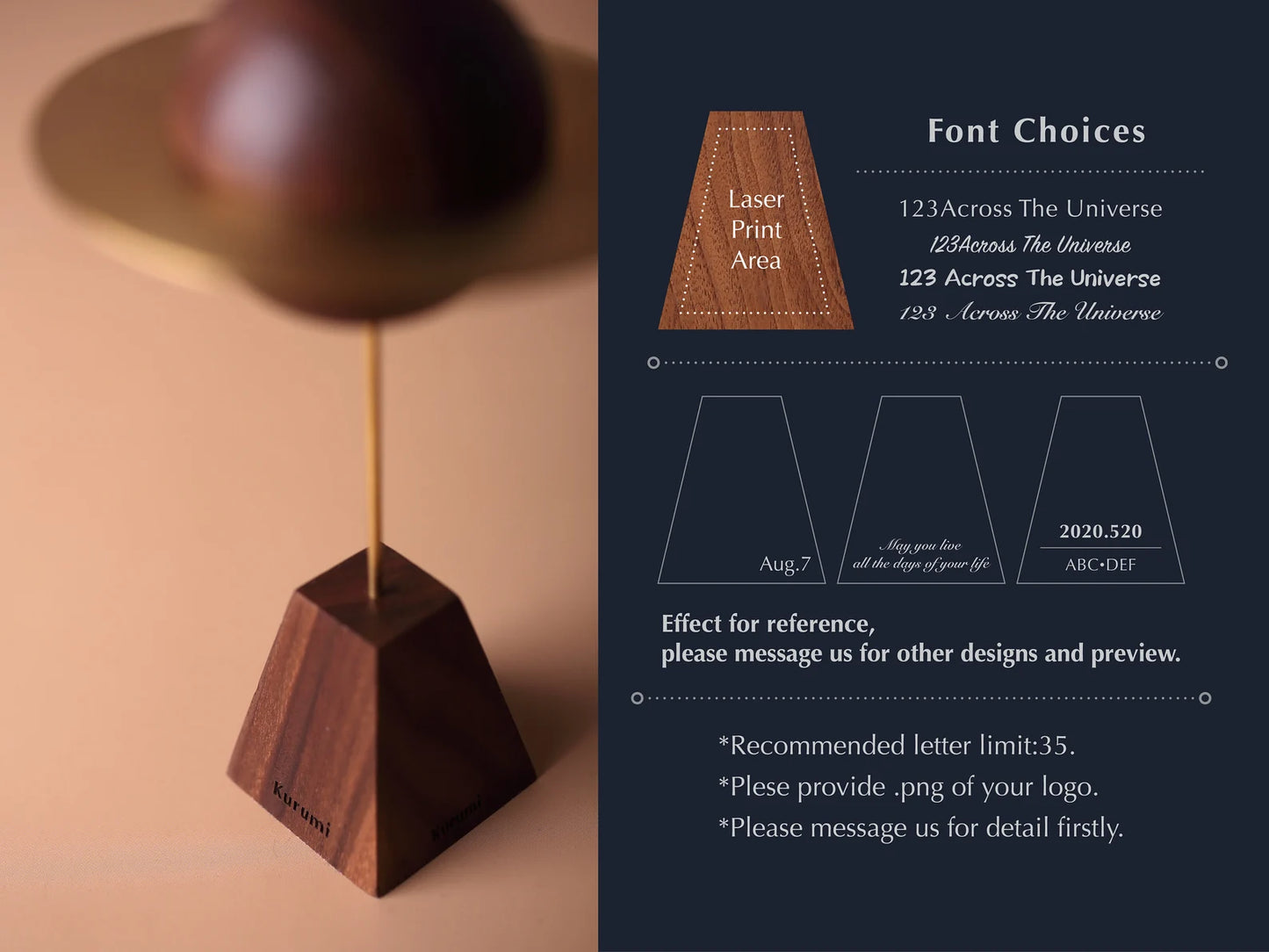 Diagram showing personalization font options for the planet diffuser base and showing close-ups of custom engraving on the walnut base.