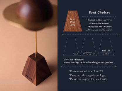 Diagram showing personalization font options for the planet diffuser base and showing close-ups of custom engraving on the walnut base.