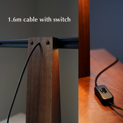 Close-up of the black power cable and inline switch for the LED lamp.
