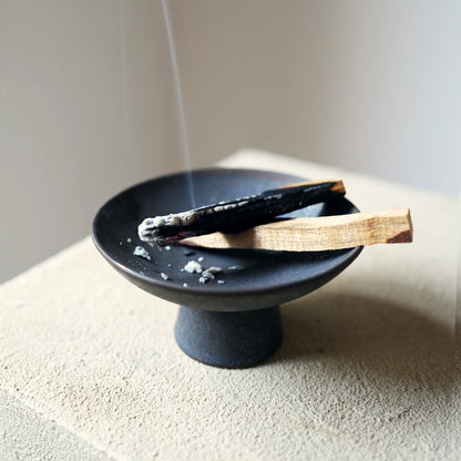 Smoldering Palo Santo stick resting in a black ceramic burner dish.