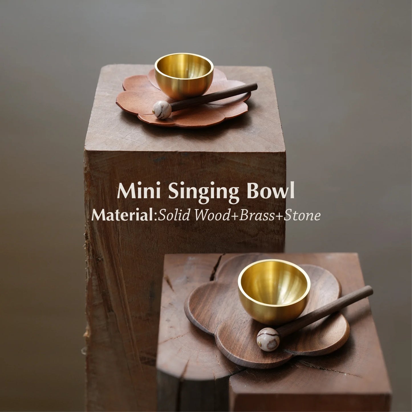 Two mini brass singing bowl sets on wooden blocks with text overlay.