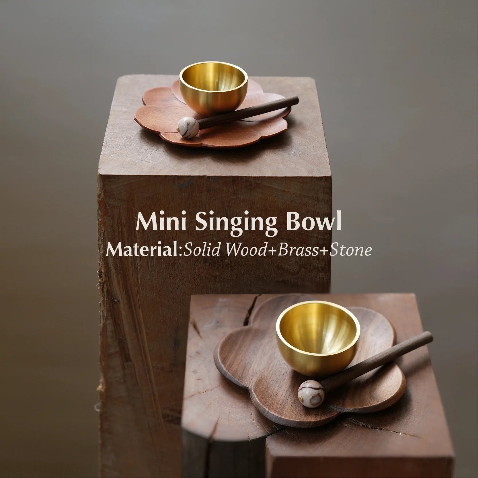 Two mini brass singing bowl sets on wooden blocks with text overlay.