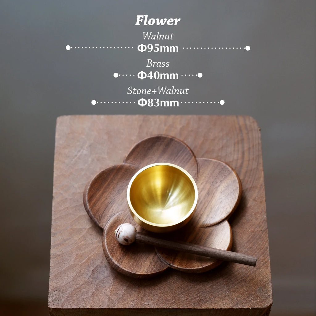 Diagram of walnut flower singing bowl set with dimensions.
