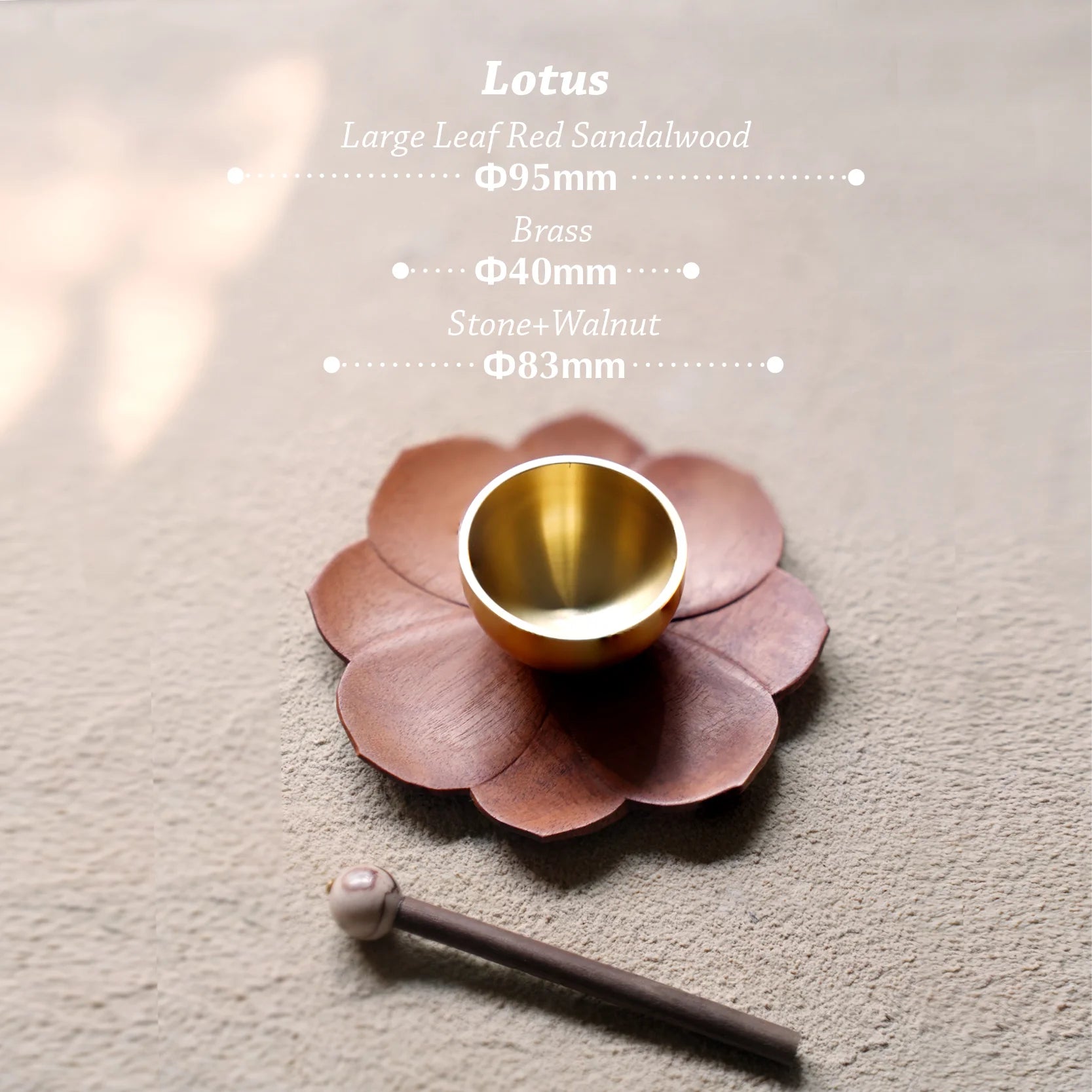 Diagram of sandalwood lotus singing bowl set with dimensions.