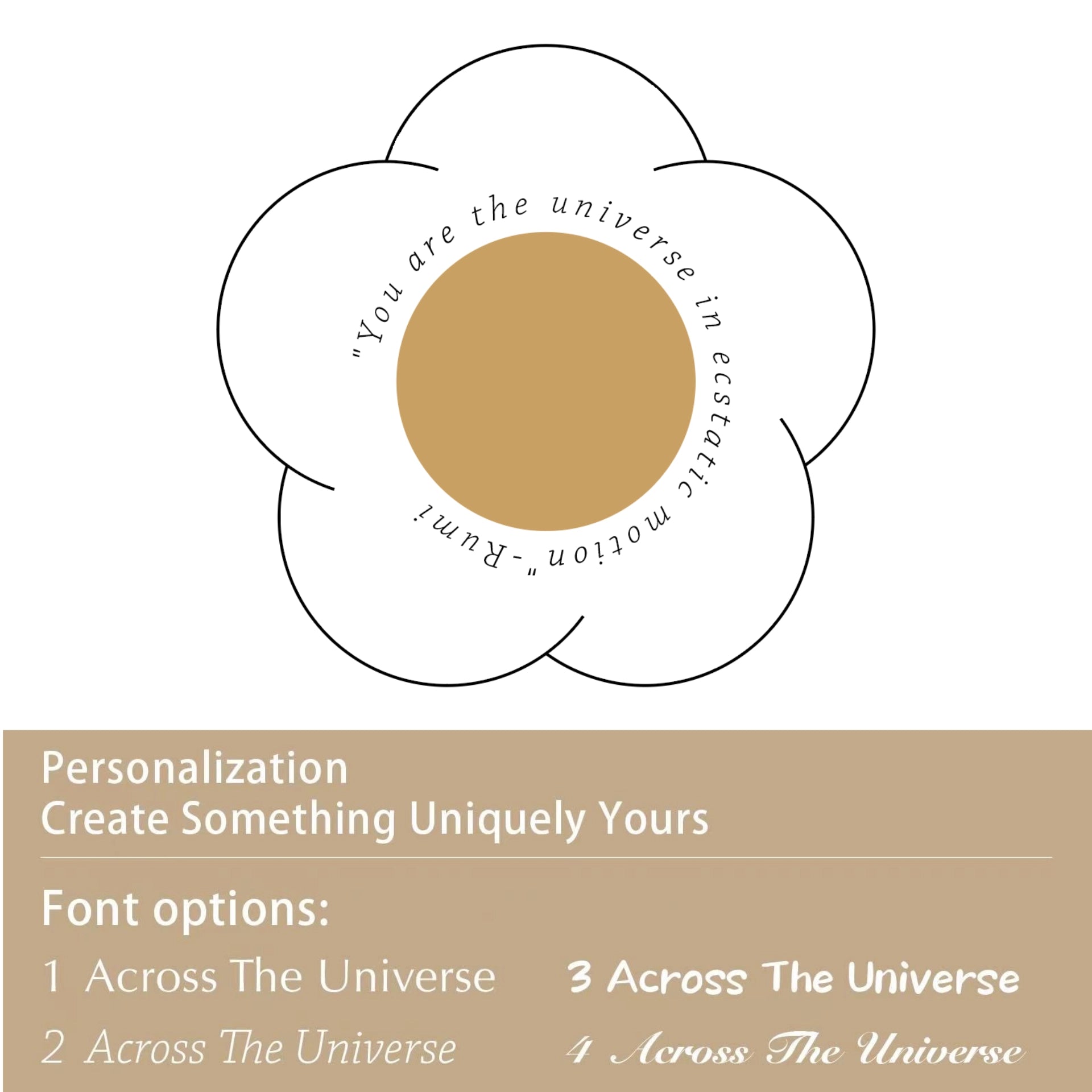 Diagram showing personalization options and fonts for the singing bowl.