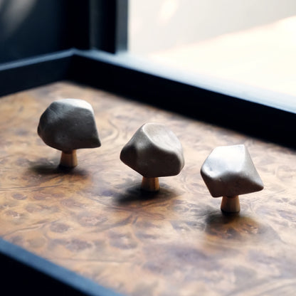 Three organic Gobi stone knobs on a burl wood tray by a window.