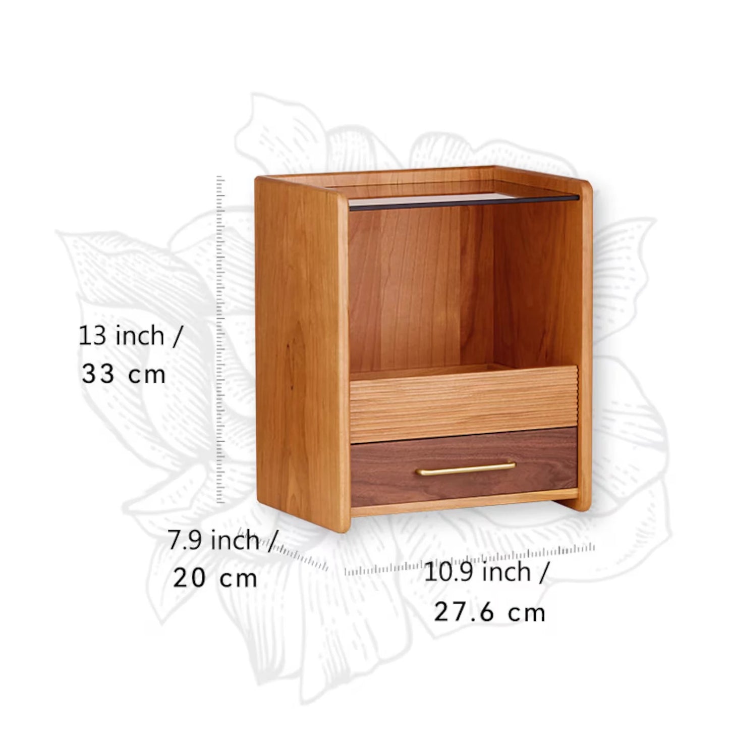 Diagram of wood makeup organizer with dimensions: 13x10.9x7.9 inches.