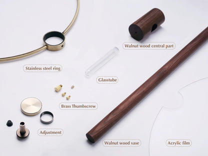 Exploded view of the Japandi wall vase components, including walnut and brass.