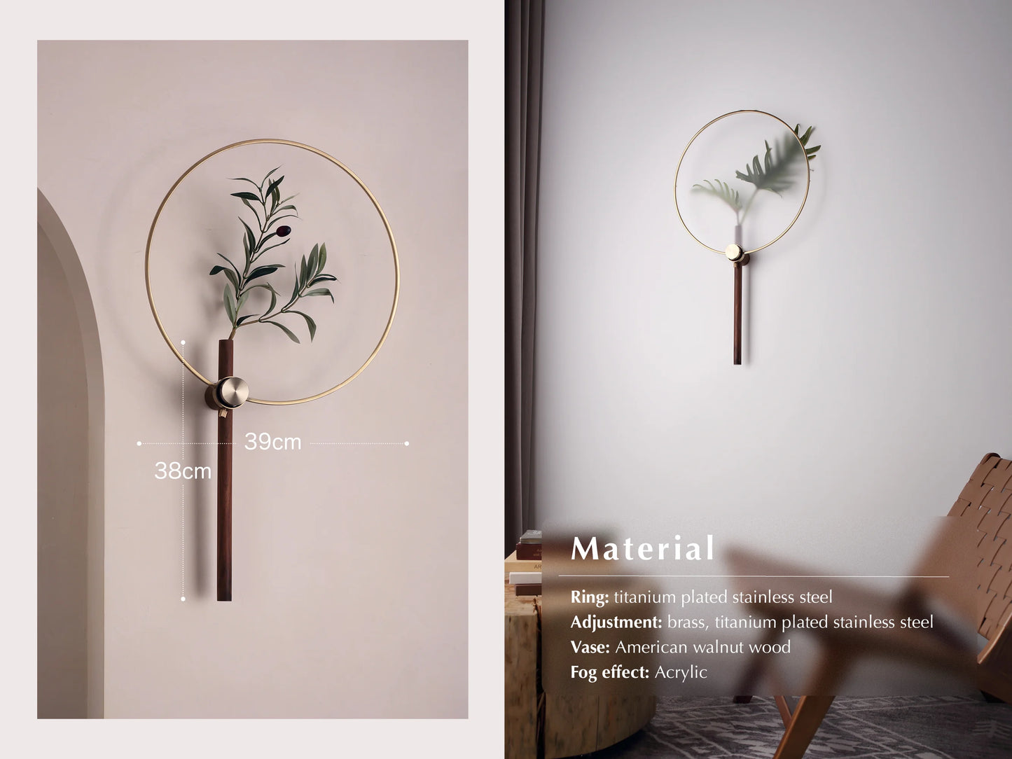 An adjustable Japandi wall vase with an olive branch, showing dimensions.