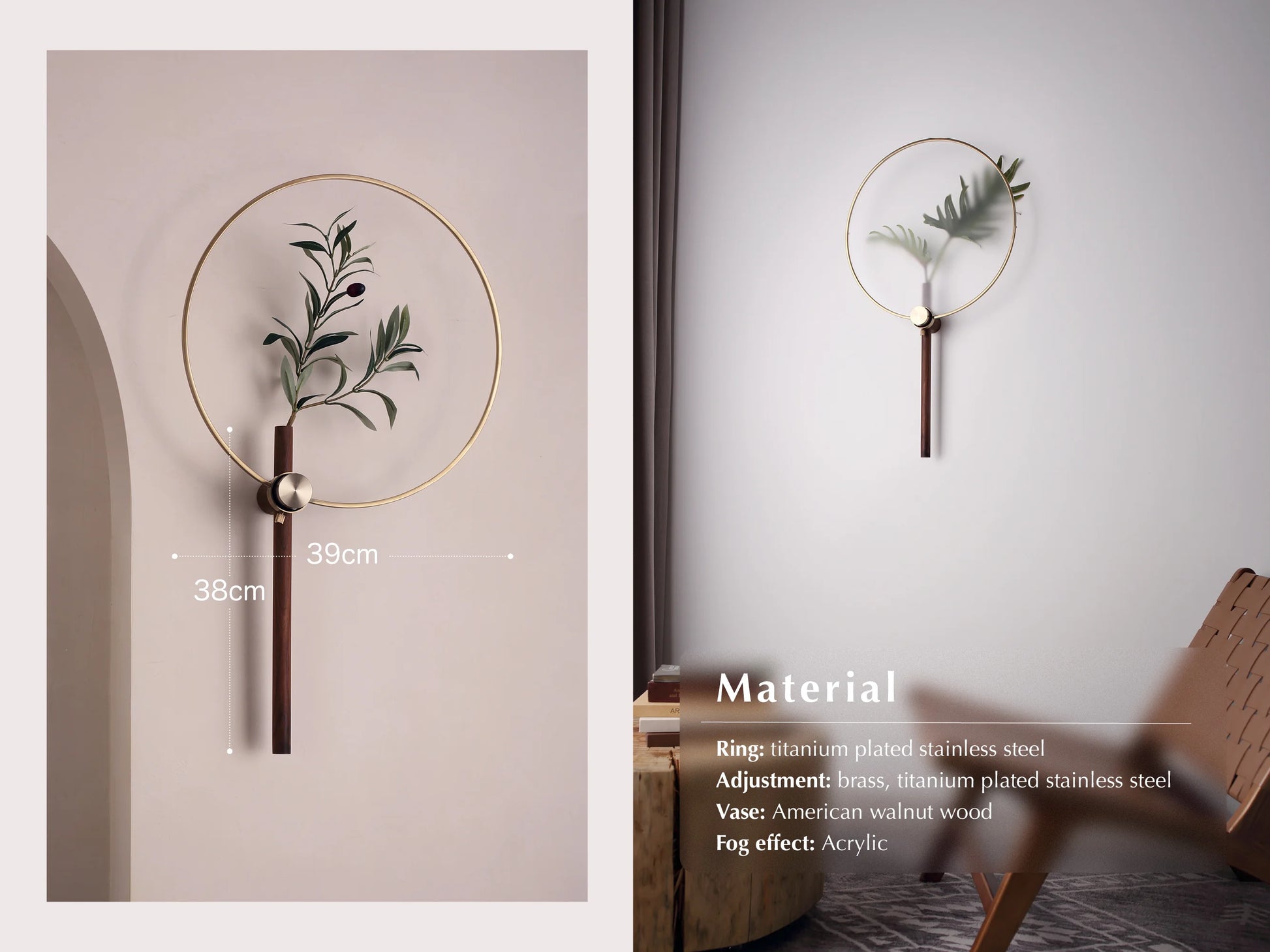 An adjustable Japandi wall vase with an olive branch, showing dimensions.