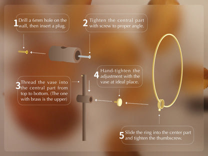 A 5-step installation and assembly guide for the adjustable wall vase.