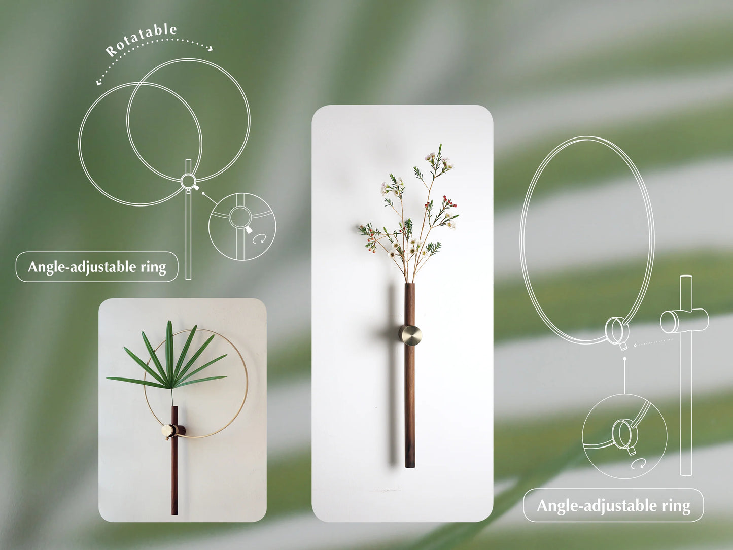 Diagram showing the rotatable, angle-adjustable ring of the minimalist wall vase.