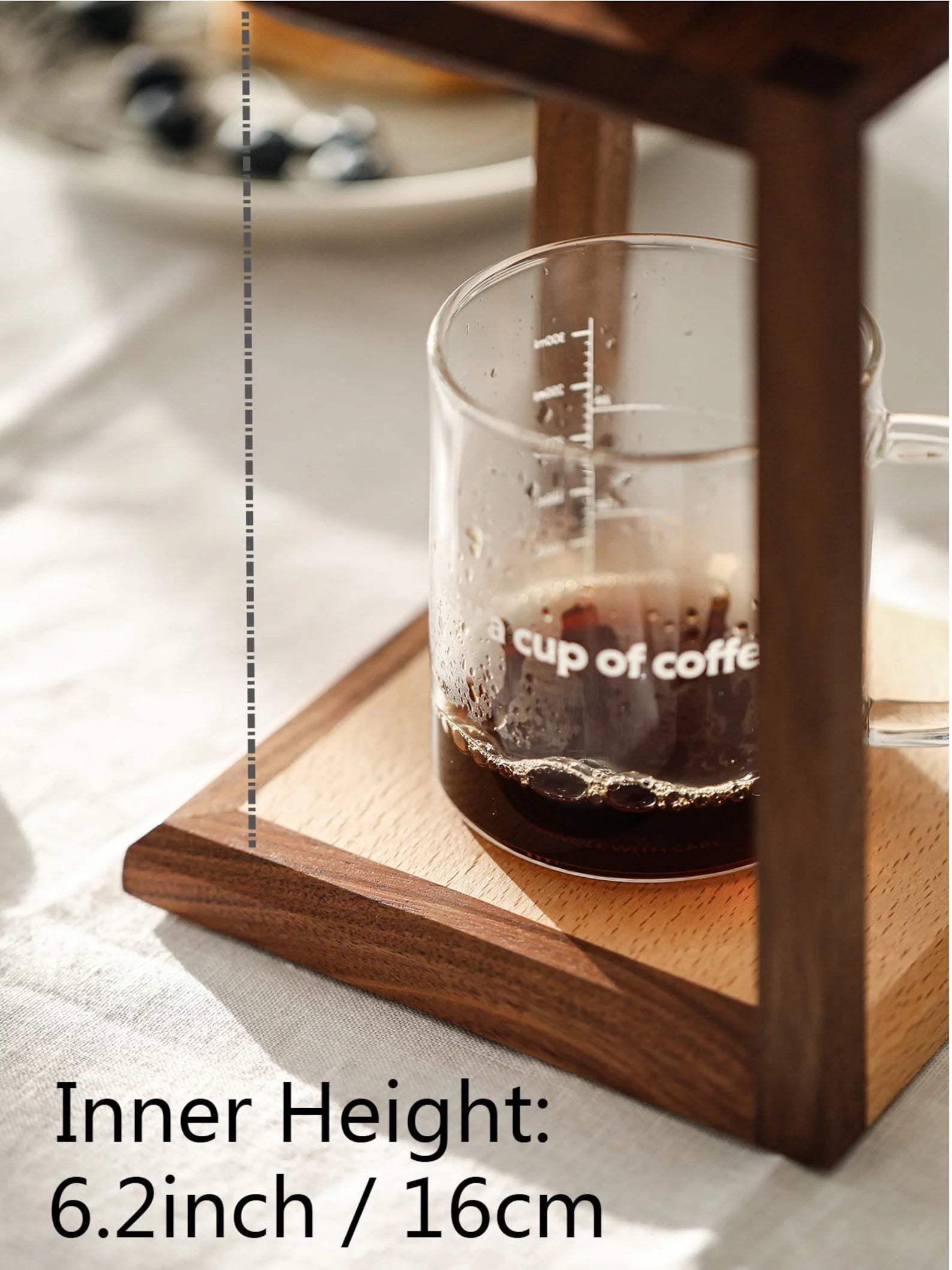 A walnut coffee dripper stand showing the 6.2-inch internal height.