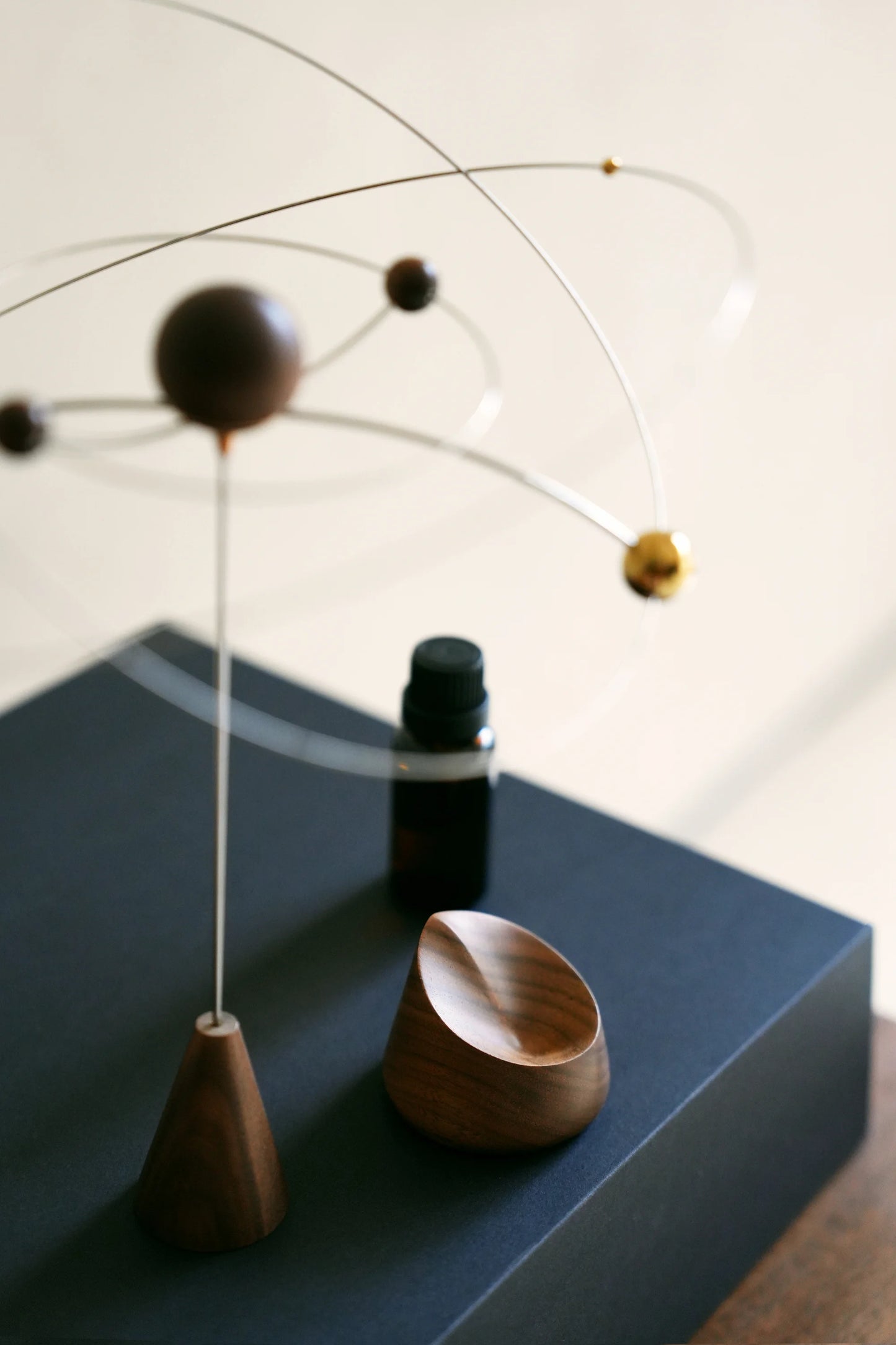 A small walnut diffuser on a black surface next to a kinetic sculpture.