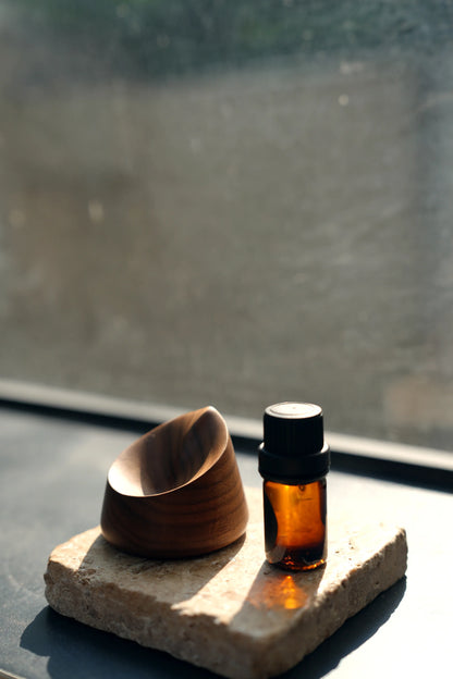 A small wood scent diffuser next to an essential oil bottle by a window.