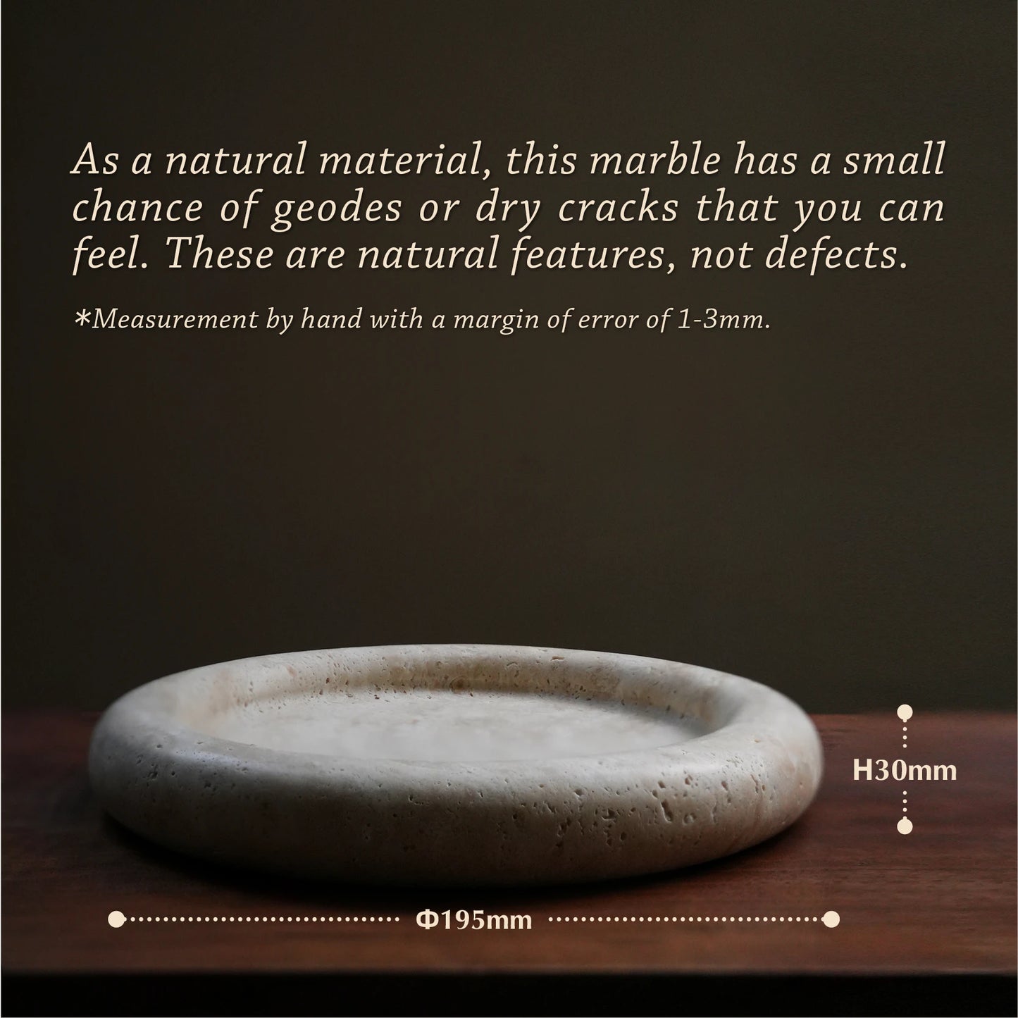 A close-up shot of the natural travertine tray showing its dimensions: 195mm diameter and 30mm height, with text explaining the material's natural features.