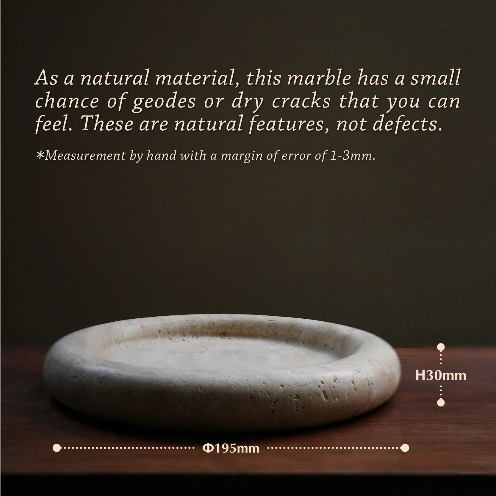 A close-up shot of the natural travertine tray showing its dimensions: 195mm diameter and 30mm height, with text explaining the material's natural features.