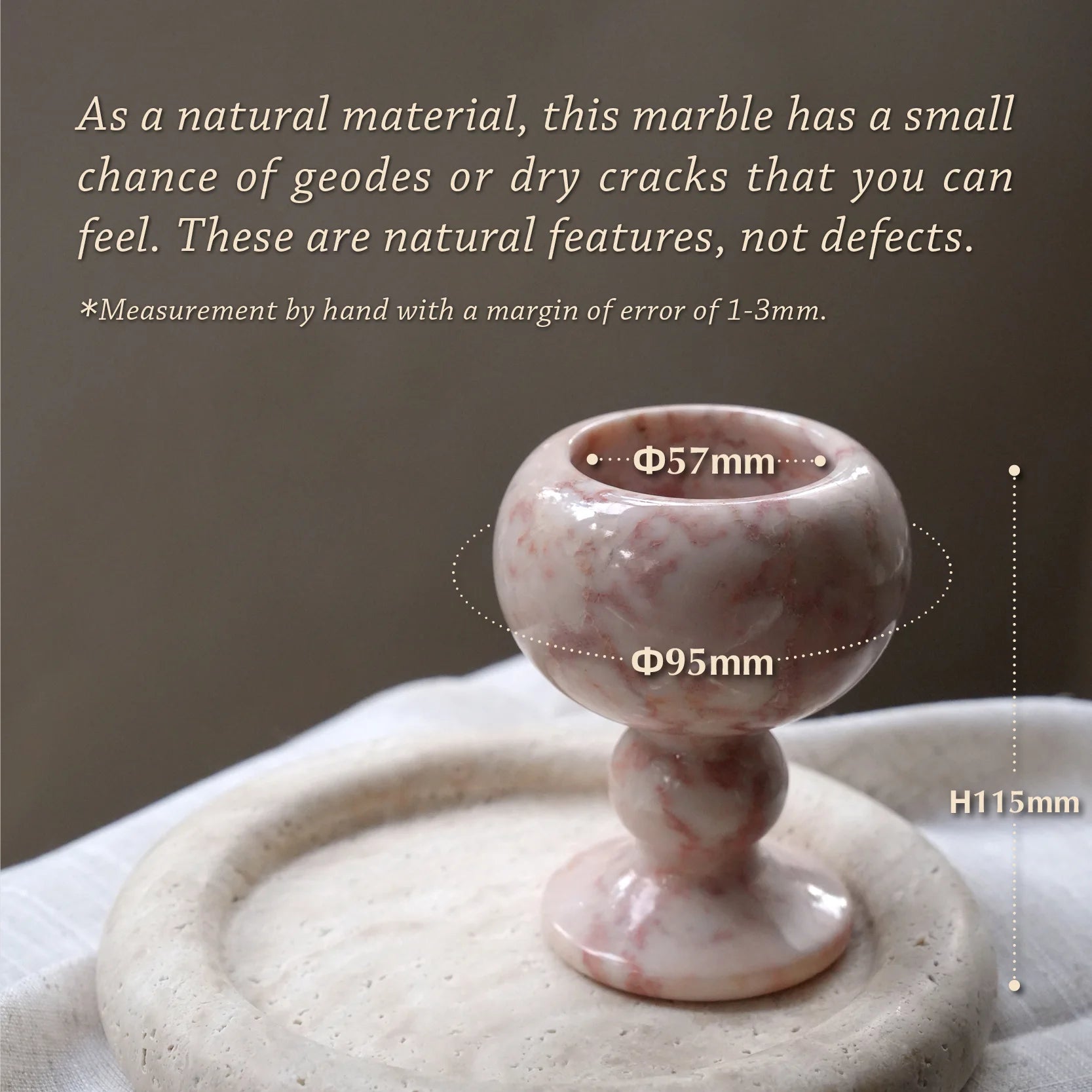 Diagram of the pink marble goblet showing height and diameter dimensions.