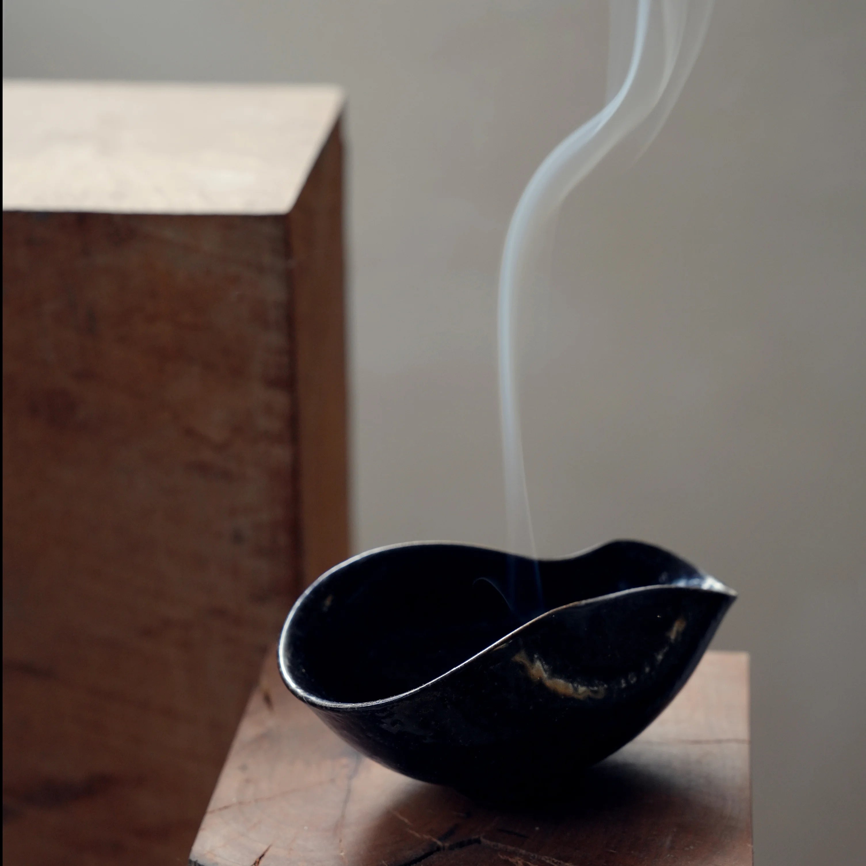 Plume of smoke rising from an organic, dark ceramic ritual bowl.