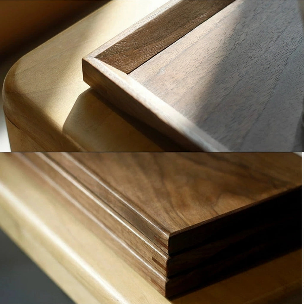 Close-up walnut tray corner box joinery with contrasting wood inlay